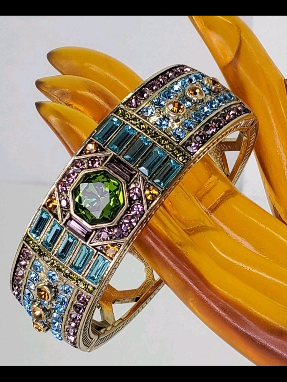 Heidi Daus Retired Lavish Layers Multicolor Swarovski Crystal Hinged Brass Cuff